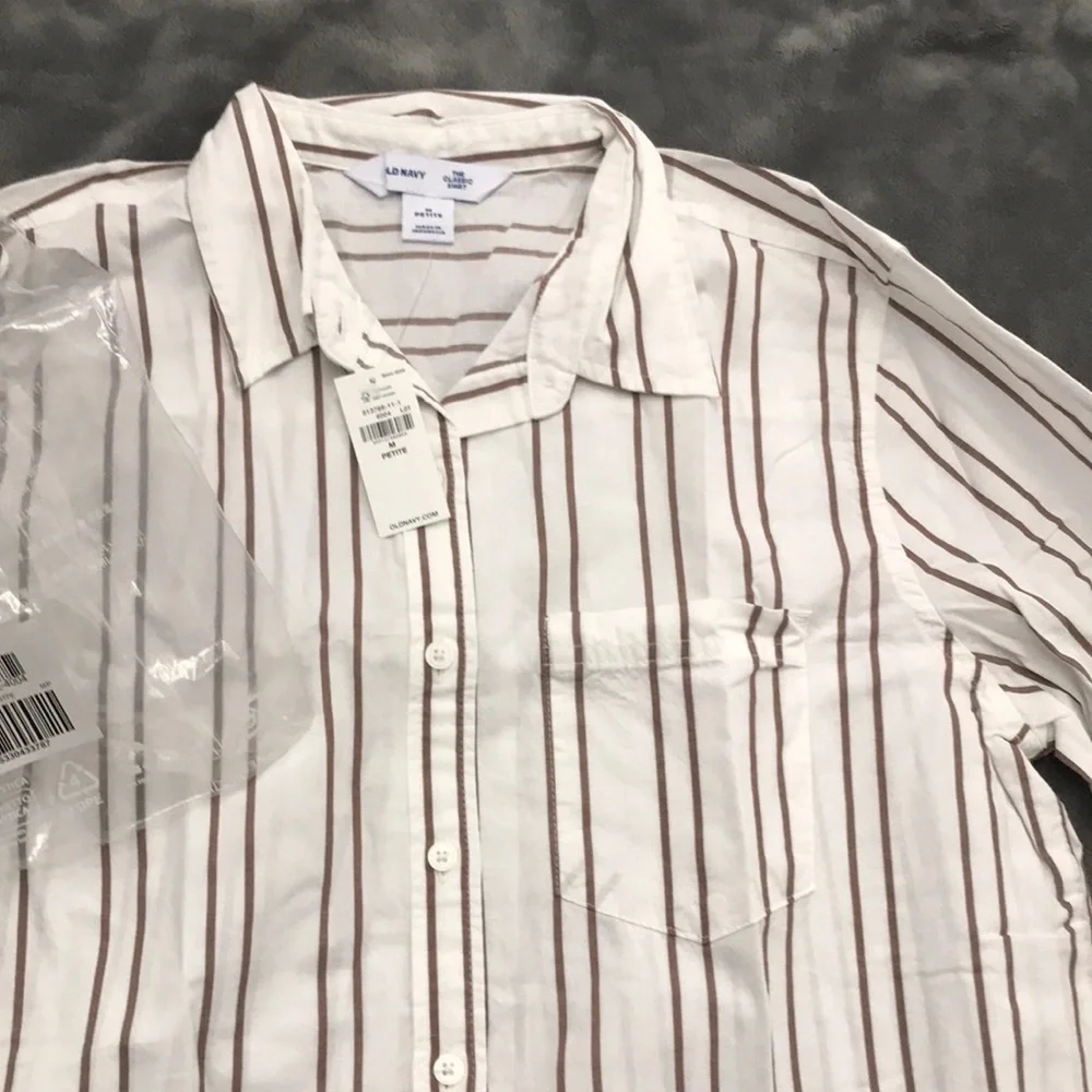 Old Navy Women's White and Brown Striped Button Down Shirt - Picture 5 of 6